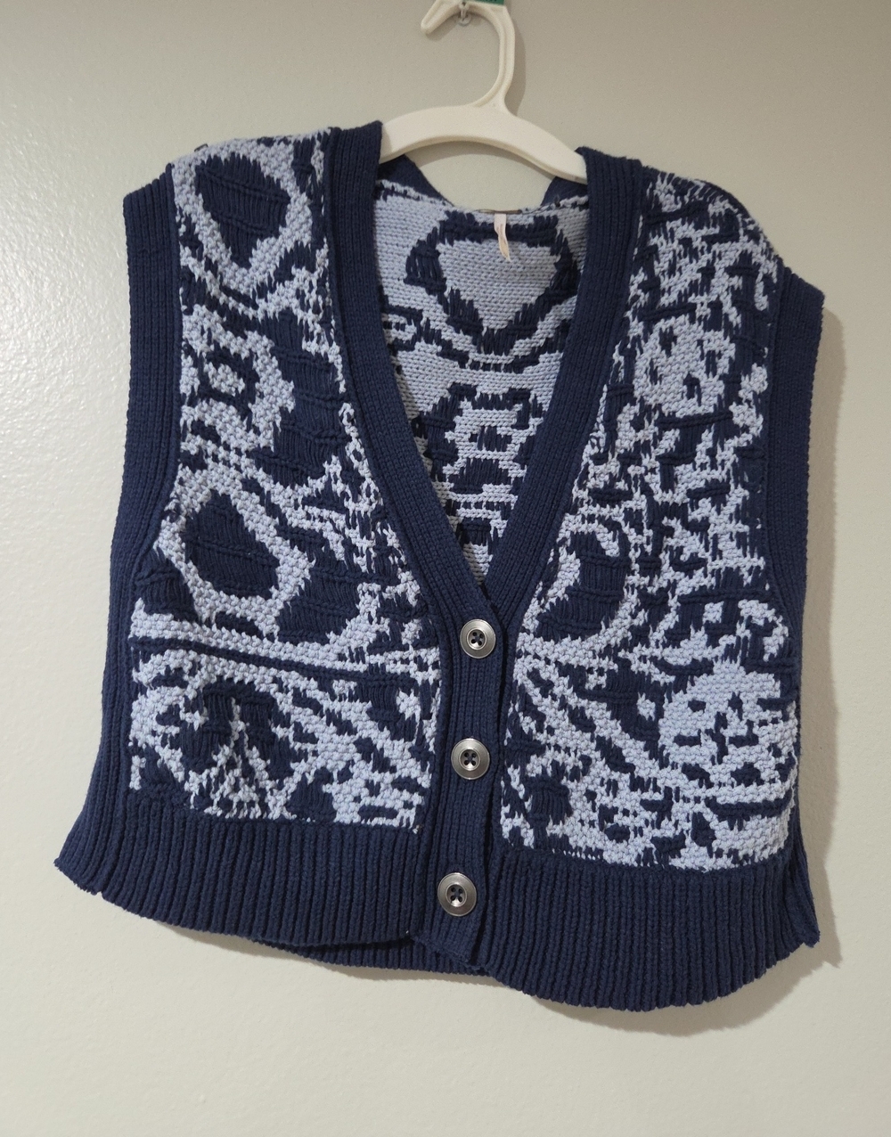 Free People Navy and Light Blue Jacquard Button-Front Knit Vest
